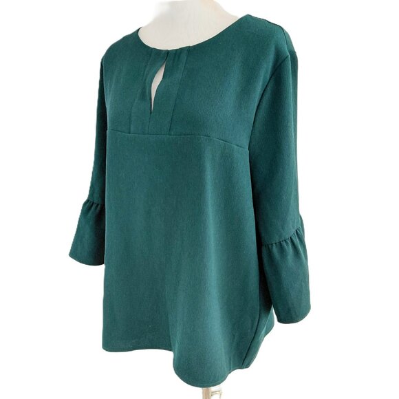Ellie Kai Popover Blouse Size XL Hunter Green Ruffled Bell Sleeve Textured Crepe - Picture 6 of 10